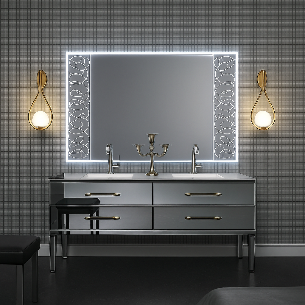 Teardrop glass globe bathroom wall sconce in brass finish emitting a soft glow, ideal for vanity mirrors or elegant bathroom accent lighting.
