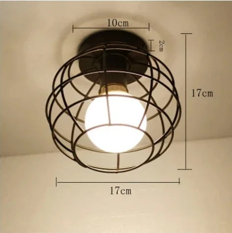 Retro metal ceiling light with globe-style wire cage and warm LED bulb ideal for hallway, kitchen, or entryway accents.