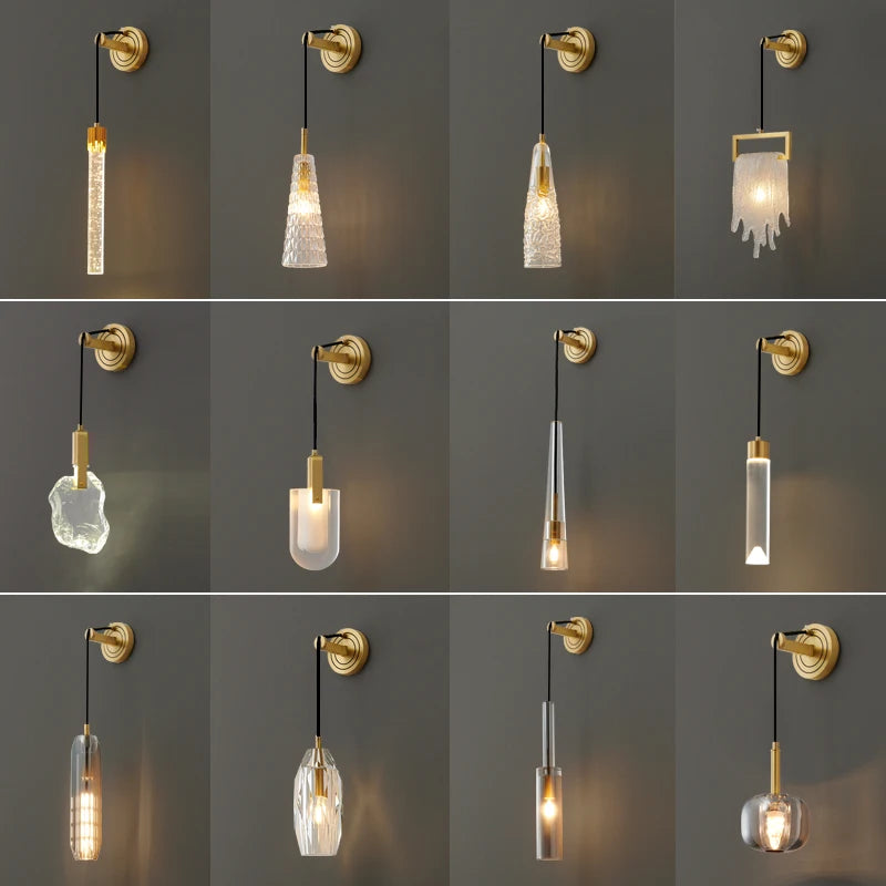 Vintage crystal rod wall sconce lights with 12 unique glass pendant styles on brass mounts, ideal for modern and luxury interior lighting decor.