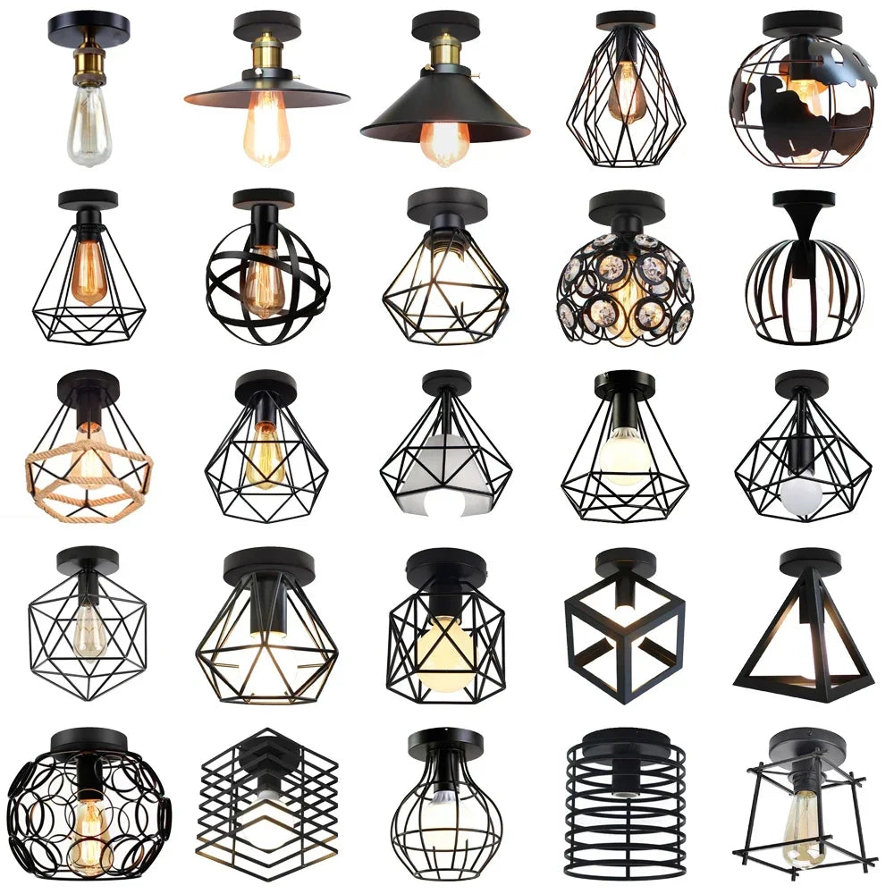Collection of vintage geometric cage ceiling light fixtures in black metal designs, perfect for industrial or modern interior décor.