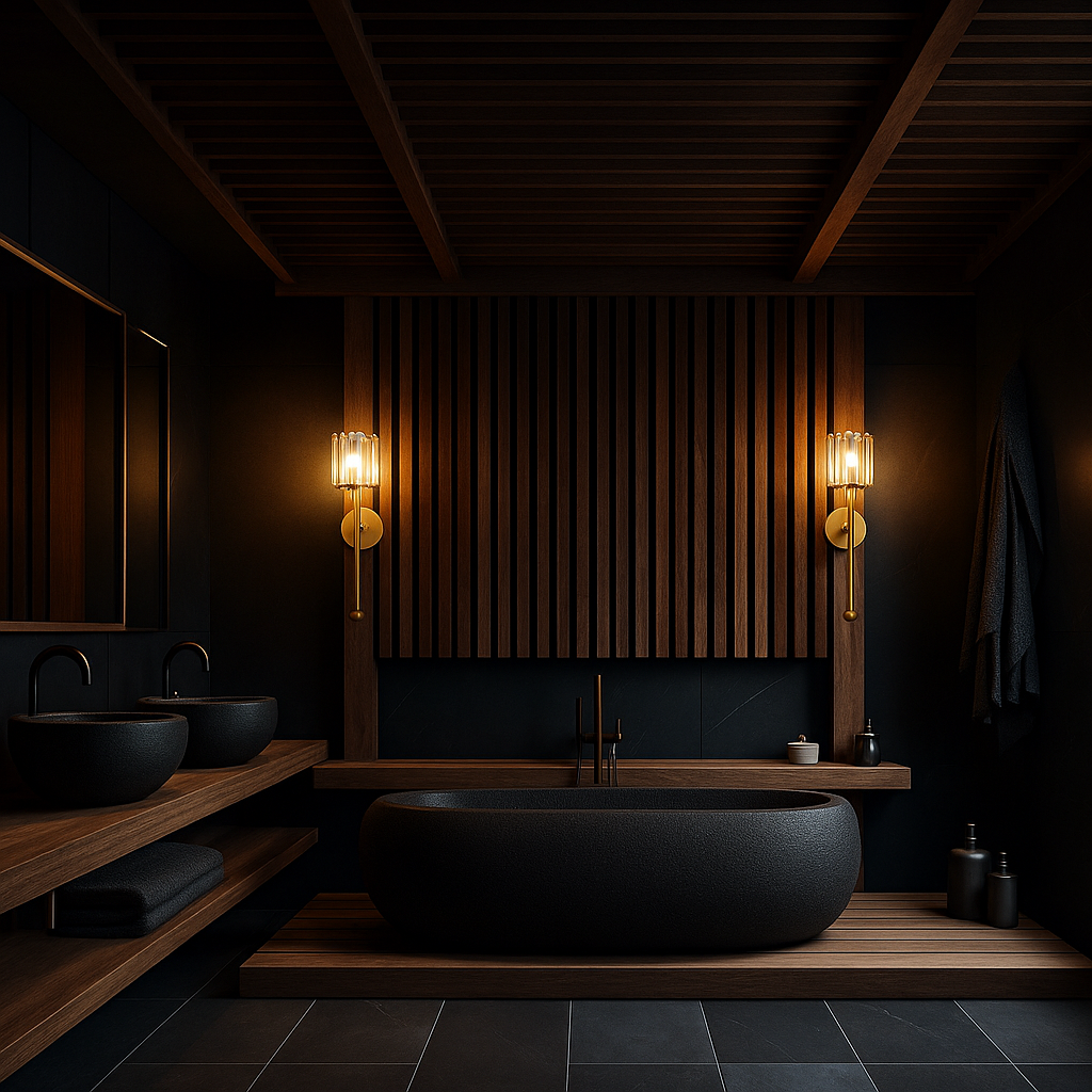 Elegant gold wall sconce lighting fixture with vertical glass shade, mounted in a dark wood and black modern spa-style bathroom with dual sinks and a freestanding stone tub.