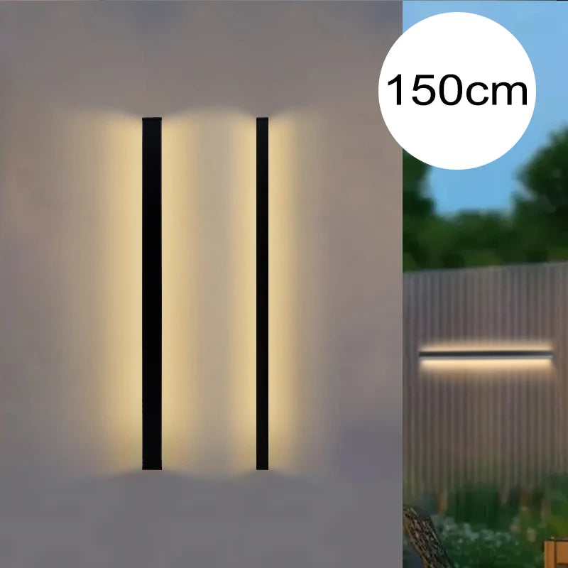 Two images of a streamlined linear wall light mounted on a wooden fence, showcasing its modern design and functionality.