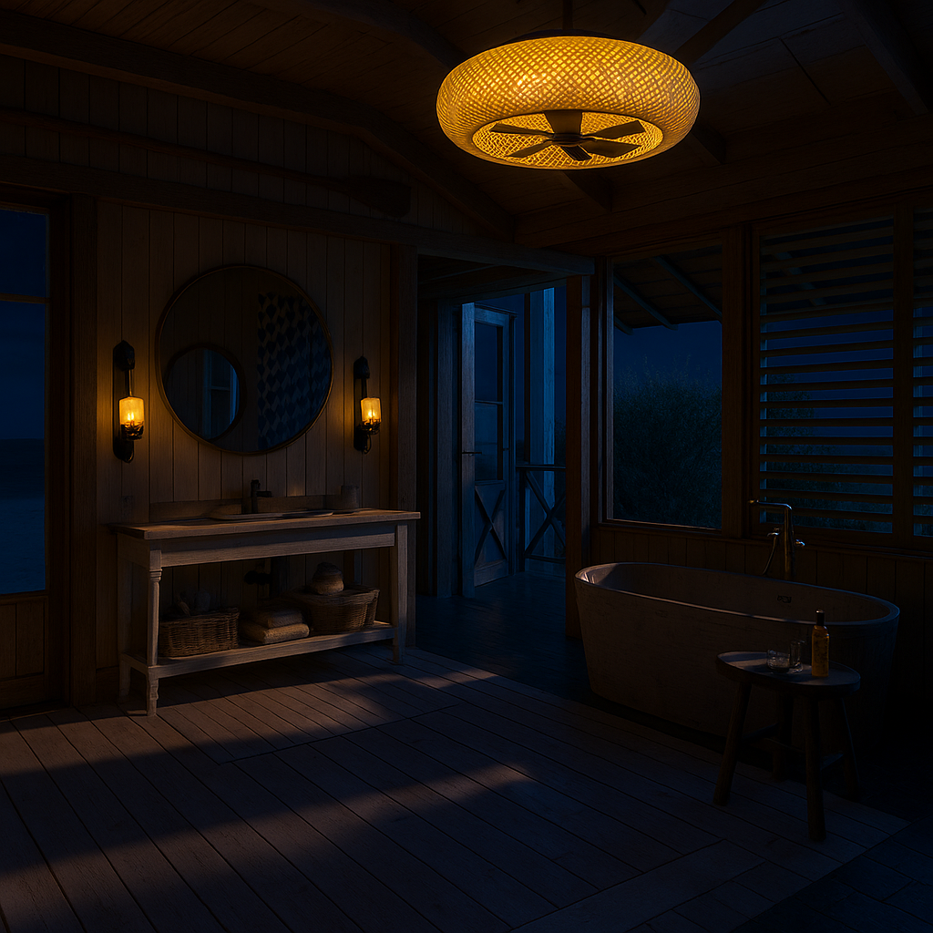 woven ceiling fan light with warm glow and retractable blades illuminating a cozy wooden bathroom interior during nighttime