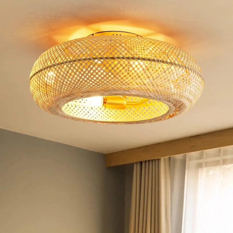 ceiling-mounted woven light fixture with remote control fan blades, radiating warm ambient lighting in a cozy living area